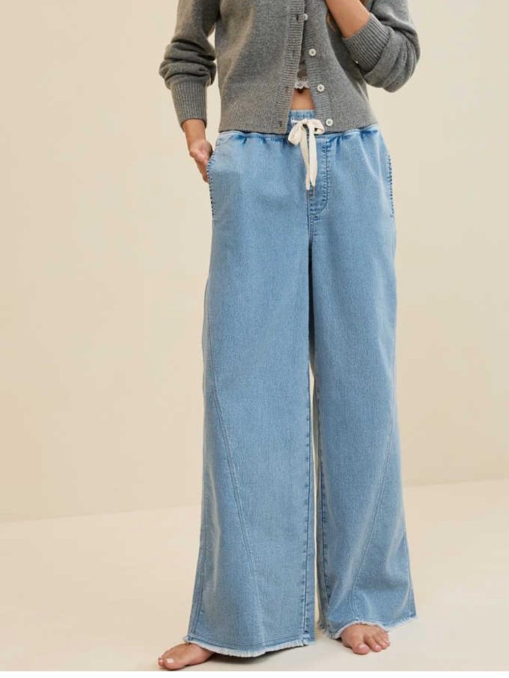 Aerie Womens Soft Landing Trousers Denim Wide Leg Raw Hem Sz L Drawstring